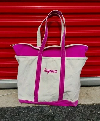 Vintage LL Bean Boat and Tote Bag Pink Straps Canvas 16x13x8 USA Zip Top "Lagana - Image 1 of 4