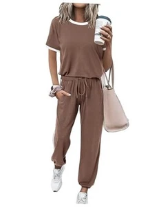  Womens 2 Piece Outfits 2025 Summer Tracksuit Sets Short Sleeve Large Brown - Picture 1 of 7