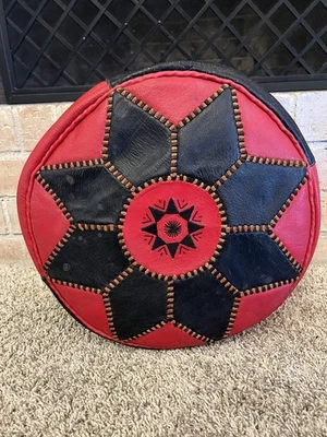 Vintage MCM Boho Handmade Moroccan Pouffe Ottoman Red & Black Leather Footstool - Image 1 of 4