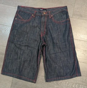 Qruel Blue Jean Shorts Y2k Embroidered Baggy Red Stitching Men's Sz 36/15 NWOT - Picture 1 of 17