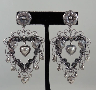 Aretes grandes de 3" de filigrana de pájaro amor corazón flor plata esterlina Estate Foto 1 de 4