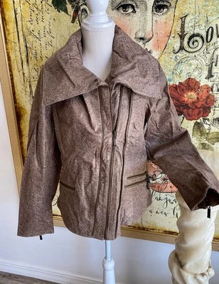 Abrigo Bradley Bayou Talla S 6-8 Marrón Cuero Metálico Asimétrico Cremallera Frontal Nuevo Foto 1 de 4