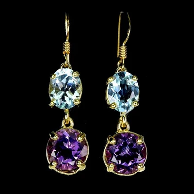 925 Sterling Silver Earrings Round Amethyst Topaz Natural Gemstone Jewelry - Image 1 of 4