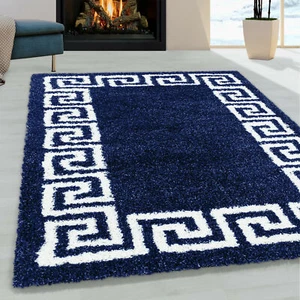 Navy Shaggy Rug White Border Greek Key Pattern Thick Soft Large Floor Area Mats - Picture 1 of 24