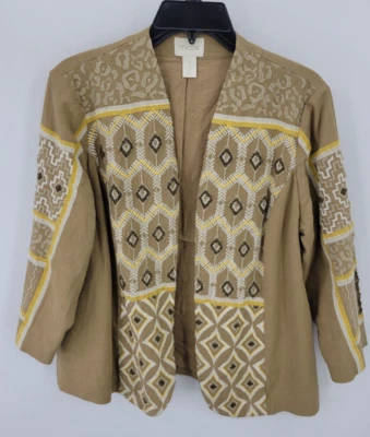 Chicos Jacket Womens Medium 1 Tan Boho Print Beaded Embroidered Linen Open Front - Image 1 of 4