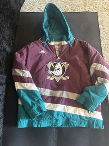 Vintage 90s Anaheim Mighty Ducks Hooded Puffer Jacket NHL Apex One Mens Size L - Picture 1 of 7