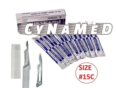CYNAMED Disposable Scalpel Blades No.15C With Plastic Handle ( Box of 10 ) Sterile