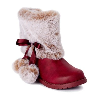 Girls Nicole Miller Boots Size 7 8 9 or 10 Faux Fur Faux Leather with Pom Poms  - Image 1 of 4