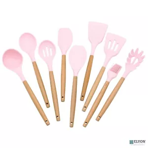 9 Piece Pink Colored Silicone Kitchen Utensils Set with Wooden Handles - Picture 1 of 2