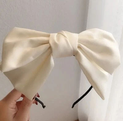 Womens Big Bow Headband Beige Soft Ribbon Bowknot Hair Hoop Cute Satin Nonslip - Image 1 of 4