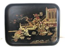 Antique Japanese Wood Tray Black Gold Kimonos Dogs Red Flowers Court Scene Fans
