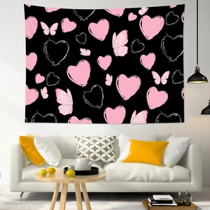 Pink Love Heart Butterfly Black and White Tapestry for Bedroom Living Room Dorm - Picture 1 of 11