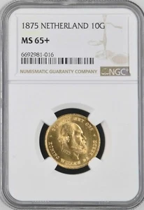 PAÍSES BAJOS, ORO 10 FLORINES 1875 - NGC MS 65+, RARO7 - Imagen 1 de 2