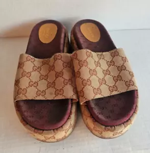 Gucci Angelina GG Beige Denim Platform Slide Sandals Size 39/8-8.5 US 301839-09B - Picture 1 of 12