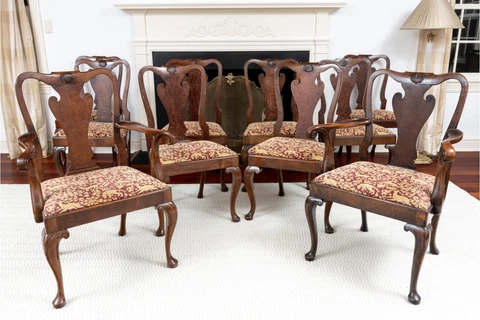 Queen Anne Style Splat Back Burl Walnut Dining Chairs—Set of Ten Cover