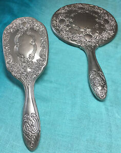 Vintage Vanity Silver Tone Victorian Style Mirror and Brush Set 