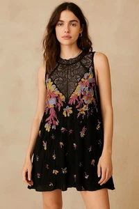 Free People Marsha Minikleid Spitze Blumen XS Schwarz Boho Neu mit Etikett Romantik Festival - Bild 1 von 9