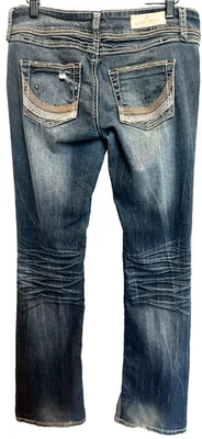 Pantalones de mezclilla Y2K casi famosos para mujer tiro bajo corte bota talla 9 desgastados bigotes Foto 1 de 4