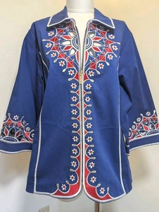 Bob Mackie Wearable Art Vintage Blue Embroidered Jacket Boho Folk Floral M - Picture 1 of 11