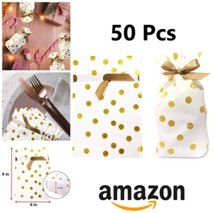 Drawstring Party Gift Bags x 50pcs 9" x 6" Gold Dot Treat Bags With Bow Tie - Picture 1 of 8