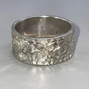Hibiscus Flower Etched Sterling Silver Wide Ring Size 9 (7.82g) - Picture 1 of 6