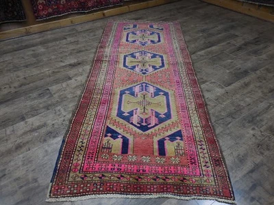 Alfombra geométrica turca vintage, alfombra de pueblo de Anatolia vintage de granja 3,7 x 9,3 Foto 1 de 4