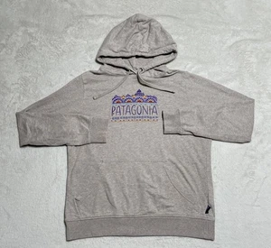 PATAGONIA Organic Cotton Hoodie Womens Small Beige Fritz Roy Ski Sweatshirt - Picture 1 of 8