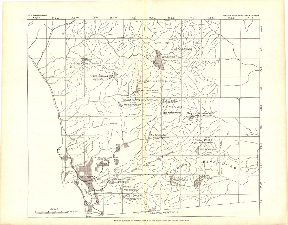 Antique San Diego Water Supply Map – USGS Hydrographic Lithograph 1897 - Image 1 of 1