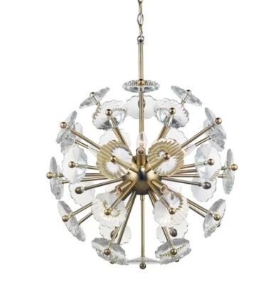 Lámpara de araña Floret de latón satinado de 8 luces con detalles de cristal transparente Foto 1 de 4