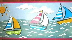Sailboats Boat Ocean Nautical Blue Magenta Pink KID WALLPAPER BORDER EH10009 NEW - Picture 1 of 1