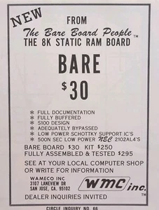 Wameco San Jose CA 8K Static RAM Bare Board Kit Computer Vintage Print Ad 1977 - Picture 1 of 4