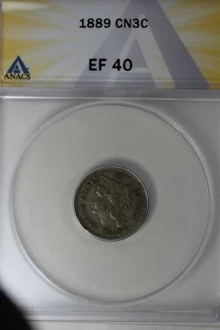 1889  .03  ANACS  EF 40  Three Cent Nickle, Liberty Three Cent Piece Cover