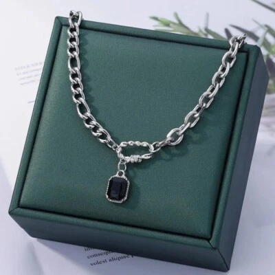 COLLANA CATENINA CON ZIRCONI NERO IN ACCIAIO GIROCOLLO PER DONNA RAGAZZA PUNK - Immagine 1 di 4