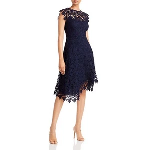 Eliza J Fit Flare Allover Lace Asymmetric Hem Cocktail Dress Size 4 Navy Blue - Picture 1 of 11