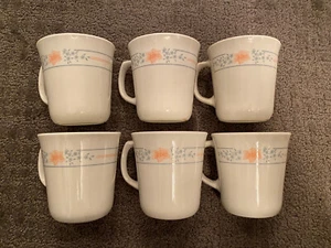 Set of 6 Vintage Corning USA Coffee Mugs Blue & Orange Floral - Picture 1 of 6