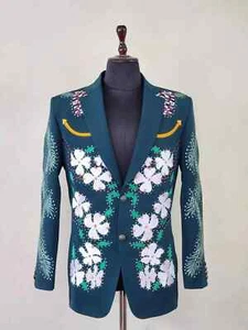 Men 2Pc Bespoke Floral Embroidered Smiley Pockets Nudie Western Suit Outfits - Picture 1 of 10