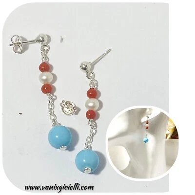 orecchini argento 925 pendenti Lunghi Da Donna Con Pietre Corallo Perle Turchese - Immagine 1 di 4