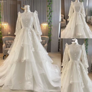 Muslim Wedding Dresses High Neck Long Sleeve Flower Applique A Line Bridal Gown - Picture 1 of 12