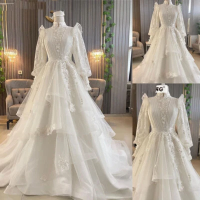 Muslim Wedding Dresses High Neck Long Sleeve Flower Applique A Line Bridal Gown - Image 1 of 4