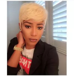 Short Pixie Cut Blonde Wig Straight Real Human Hair Wig No Lace Front Wigs Daily - Picture 1 of 16