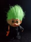 Poupée troll chat vintage 3" Russ Halloween cheveux et yeux verts avec sac bonbons