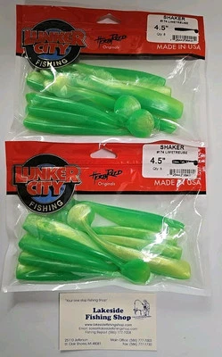 LOTE DE 2 SEÑUELOS DE PESCA LUNKER CITY 4.5" SHAKER PLÁSTICO SWIMBAIT #174 LIMETREUSE Foto 1 de 3