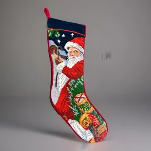 VTG Needlepoint Christmas Stocking Wool Velvet Santa Stars 20” - Picture 1 of 8