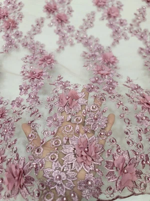 Mauve Lace 3d Floral Design Embroidered  Mesh 3d Lace Fabric By The Yard Pearls  - Image 1 of 4