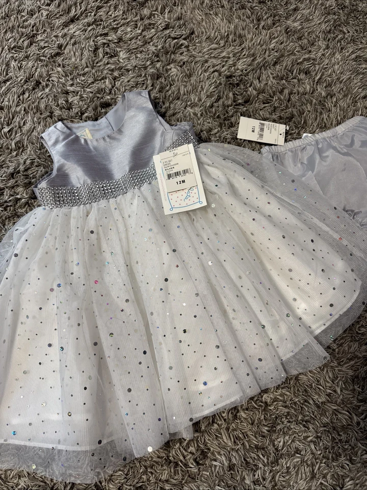 Marmellata Girls White Silver Formal Satin Tutu Dress Gown Sz 12 mo Wedding - Image 1 of 4