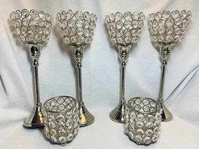 4 CYRSTAL 10” Silver Stem Jeweled Votives & 2 Matching 3” Votives (K9 Crystals) - Image 1 of 4
