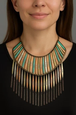 Collar Vintage Flecos Joyería Inusual XL Cuello Babero Cobre Verde Esmalte Foto 1 de 4