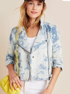 Marrakesch Anthropologie gesteppte Motorradjacke Medium Leinen Baumwolle Batik blau - Bild 1 von 16