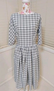 Unique Vintage Grey Plaid Check Drop Waist Vintage Midi Dress Size XL Pocket - Picture 1 of 8
