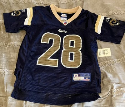 Camiseta deportiva de fútbol americano REEBOK de Marshall Faulk St. Louis RAMS para niños pequeños MEDIANA 5-6 NUEVA Foto 1 de 3